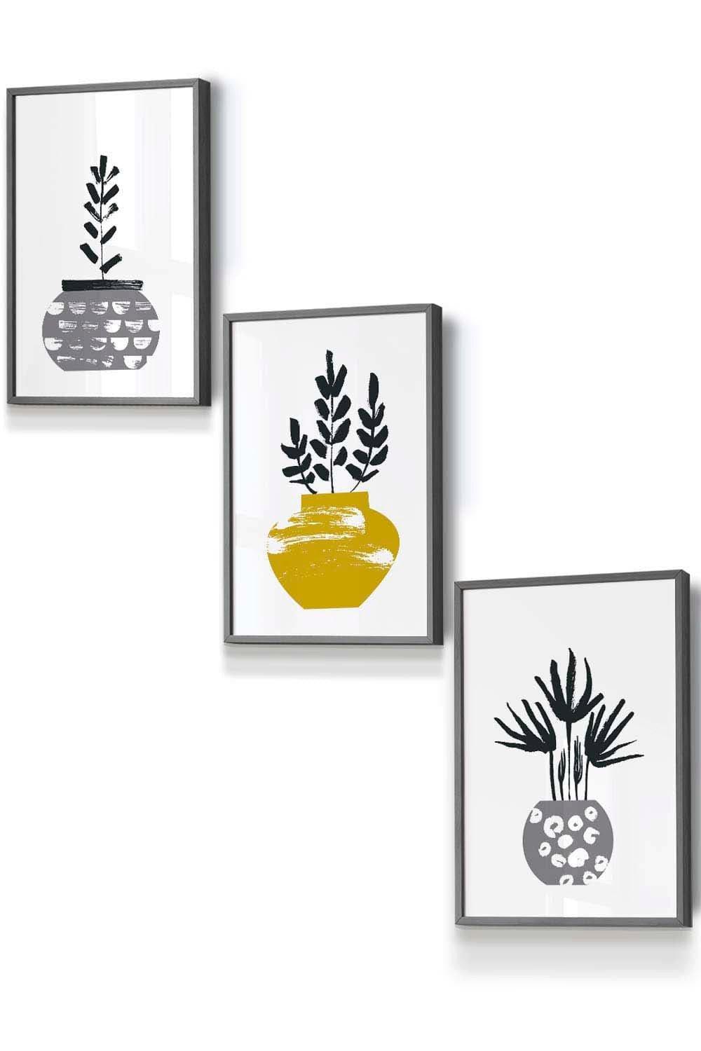 Scandi Yellow Grey Cactus Pots Framed Wall Art - Small